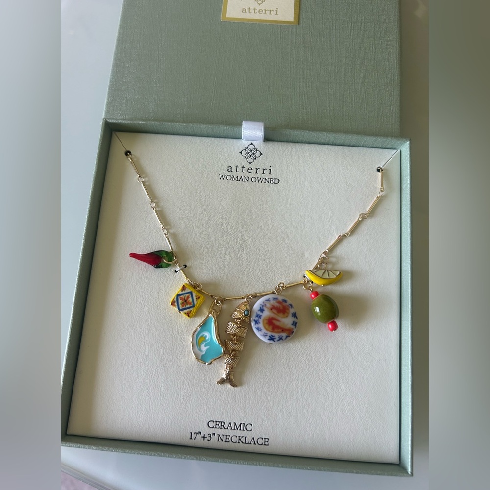 Atterri Sardine Olive Ceramic Charms Gold Necklace